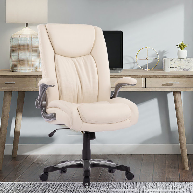 181kg Capacity  Ergonomic PU Leather Office Chair, Adjustable Lumbar Support & Flip-Up Arms, Ivory