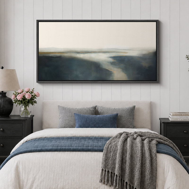 Minimal Landscape " Extra Large Horizon Haze Abstract Misty Landscape Retro Fine Art Decorative ", 30" H x 60" W, Black