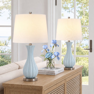 25.6 in. Set of 2 Coastal Vase Design Blue Ribbed Ceramic Table Lamps with 3-Way Dimming for Bedroom, Living Room and Entryway