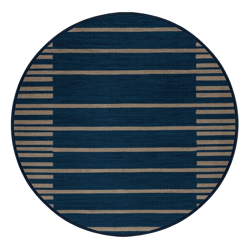 Machine Washable Horizontal Stripes Blue Area Rug, Round 4'