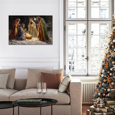Large Nativity Scene Canvas Wall Art Decor, Birth of Jesus in Manger Painting, Three Wise Men Mary Joseph Spiritual Poster, Christian Canvas Prints for Living Room Church Holiday Wall Artwork, 24×32 Inches