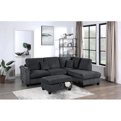 Contemporary Style 3Pc Sectional Set Right Arm Chaise Left Arm Sofa W/ Usb Port Storage Ottoman Throw Pillow Wooden Legs Primary Living Room