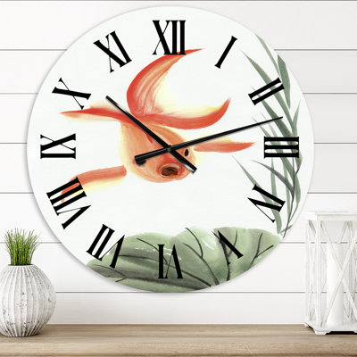 Poisson rouge rétro et feuille de lotus - horloge murale nautique et côtière
