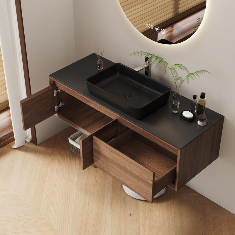 Meuble-lavabo flottant moderne de 48 pouces avec lavabo vasque en céramique noire, meuble-lavabo mural en bois massif, armoire de salle de bain murale pré-assemblée