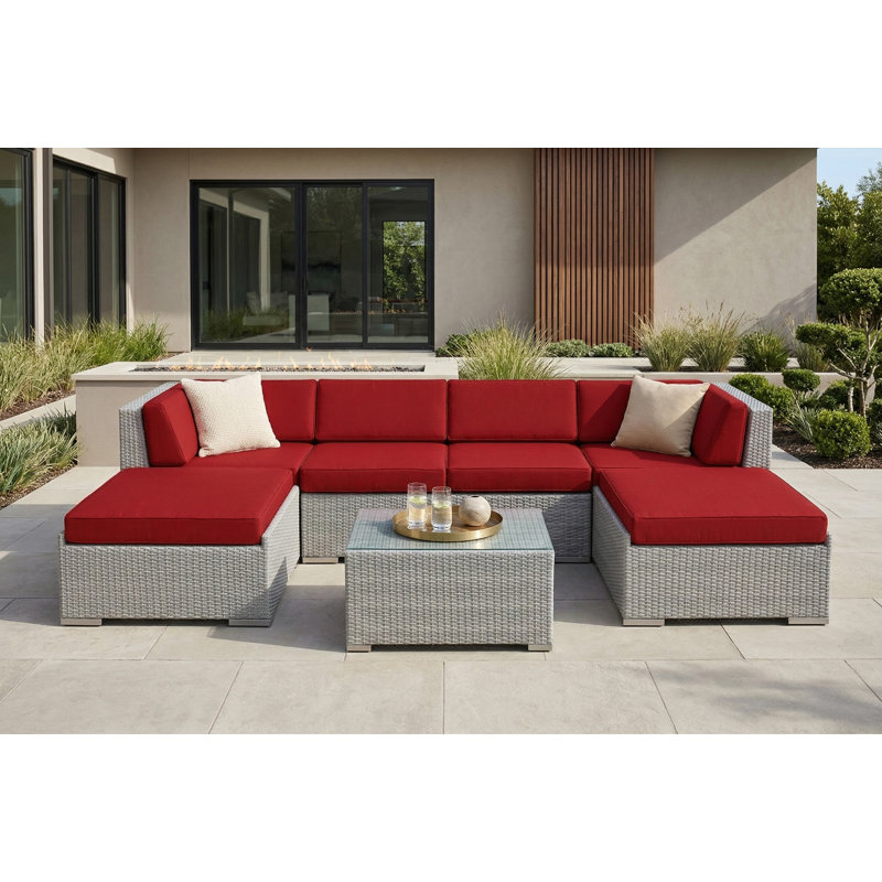 Ensemble de conversation en osier pour 4 personnes avec coussins Billyjo Wicker, Toile Sunbrella® rouge Jockey, Gris