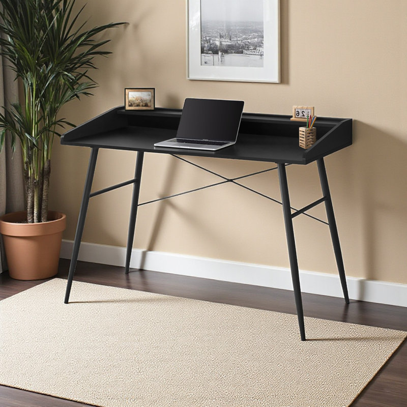 Vivaldi Black Finish Computer Desk With Hutch & Metal Leg, 33.77" H X 47.02" W X 23.6" D