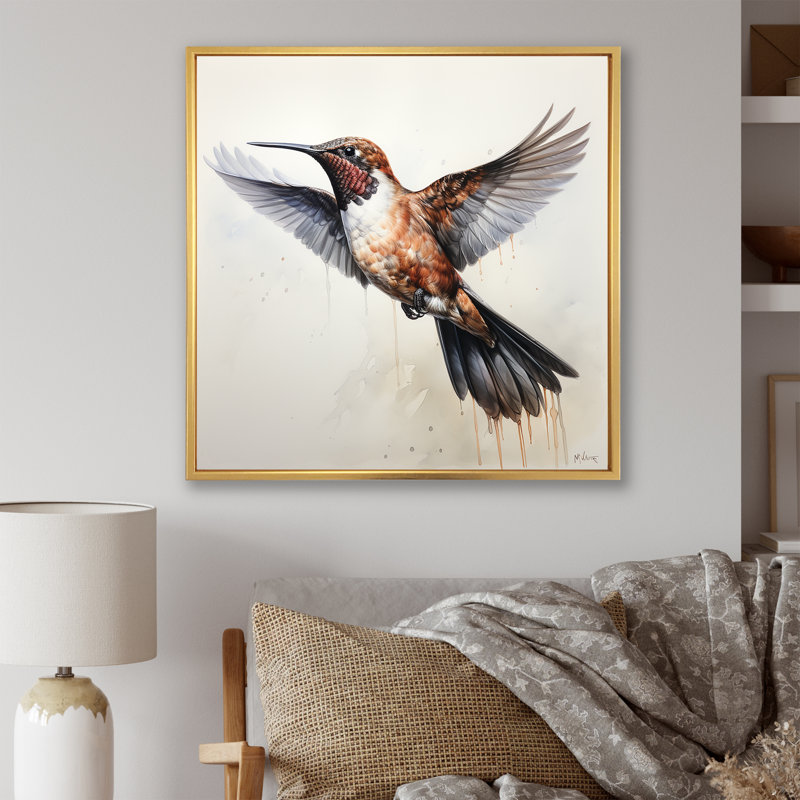 «Brown Crimson Crêted Hummingbird II», art mural colibri, Cadre flottant doré, H 16 po x l 16 po x P 1 po