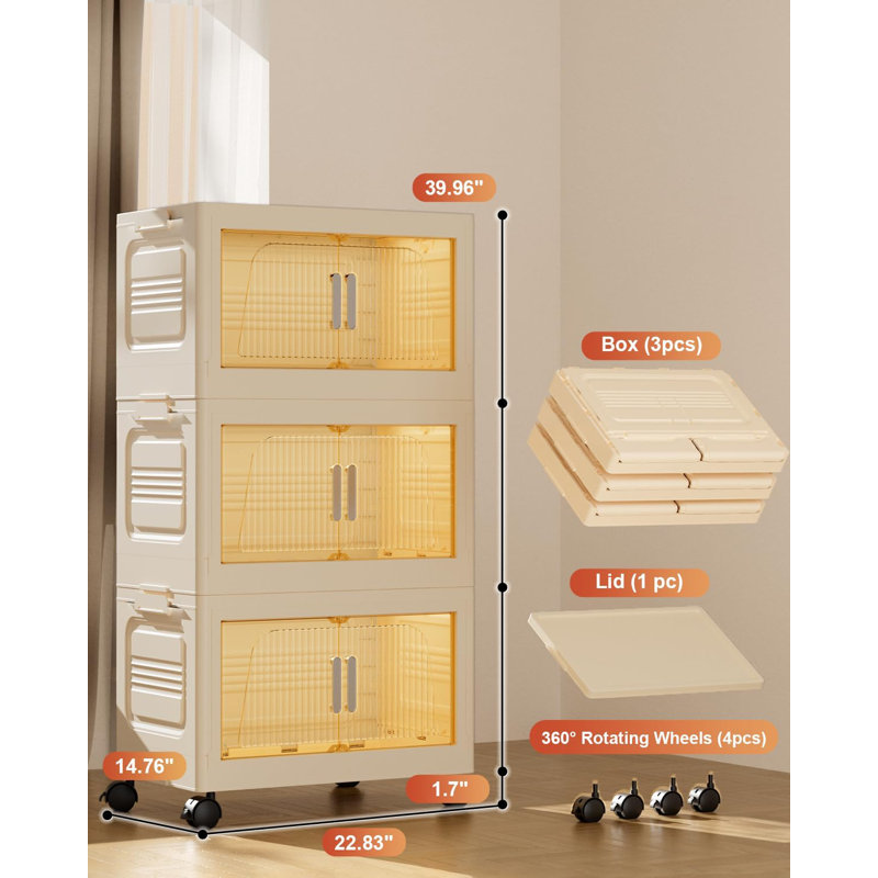 3 Pack 76QT/19GAL Foldable Stackable Storage Bins With Lid, Collapsible Storage Containers Box With Lockable Wheels for Home, Office and Dorm