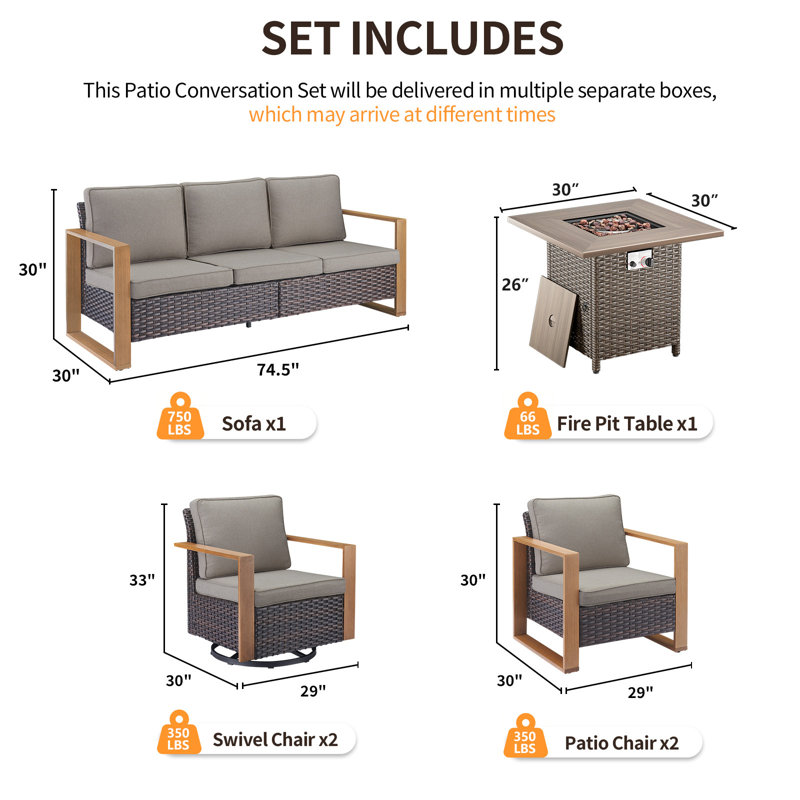 Palomares 6-Piece Outdoor Conversation Set With Swivel Gliders And Square Fire Pit Table, 7-Person Wicker Patio Seating With Armchairs