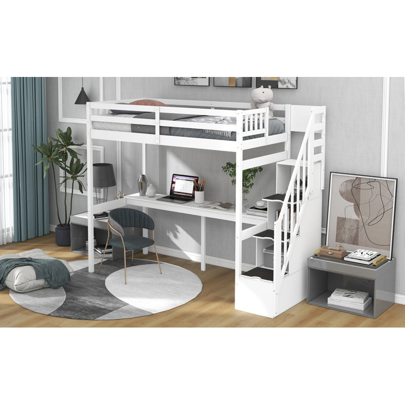 Lit mezzanine simple avec escalier de rangement et bureau intégré, Blanc