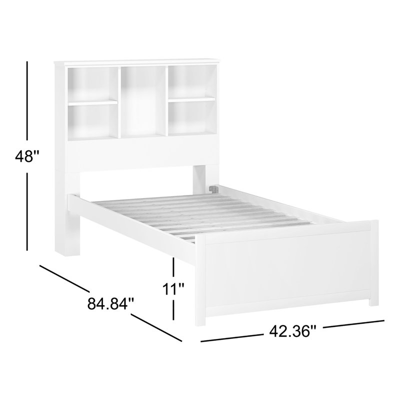 Lit plateforme simple en bois manufacturé et en bois l 42,36 po avec bibliothèque, Blanc