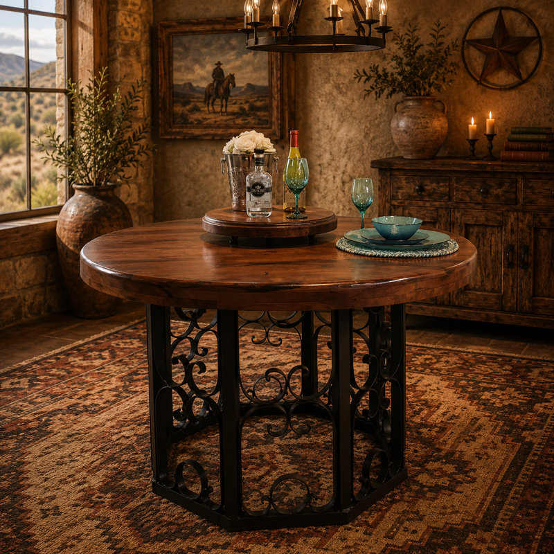 48" Round Mesquite Dining Table | Solid Wood, Wrought Iron Base, Rustic Ranch Style