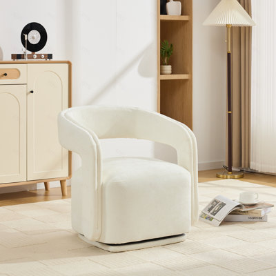 Fauteuil d'appoint pivotant en tissu chenille, fauteuil de loisirs confortable en tonneau avec dossier incurvé, fauteuil de lecture rembourré avec base pivotante noire, siège d'une largeur de 22 po et largeur