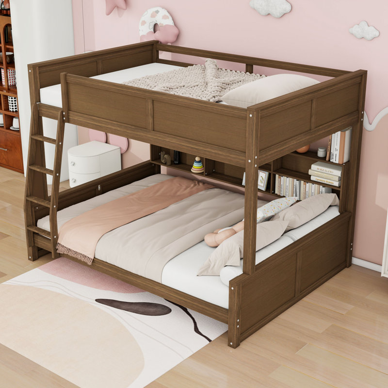 Lit superposé en bois avec tablettes, station de charge USB et prise, Double TG sur grand, Bois antique