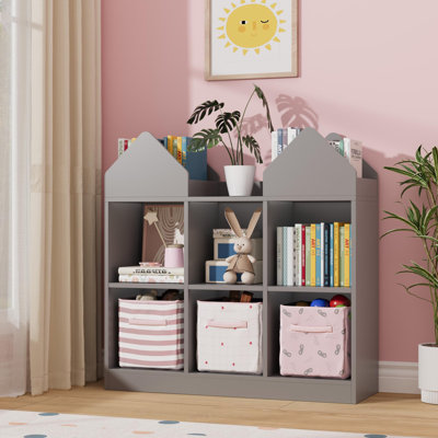 Kids Bookshelf with House Design, Double Roof Bookcase for Children, 3-Column 2-Tier Open Storage Shelf, Floor Standing Bookshelf for Bedroom Playroom Living Room, 35.4 Inch,Gray