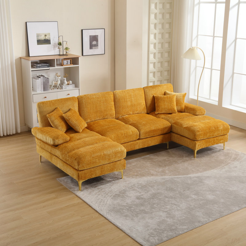 Canapé modulaire moderne en U en chenille, Chenille jaune
