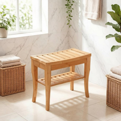 2-Tier Bamboo Shower Bench with Storage Shelf