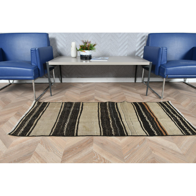 Kilim turc authentique authentique avec rayures, idéal pour le vestibule de petite taille dans des tons bruns