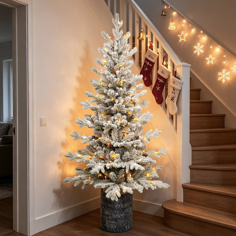 Arbre de Noël mince avec flocons de neige pré-éclairés, 4.5' H