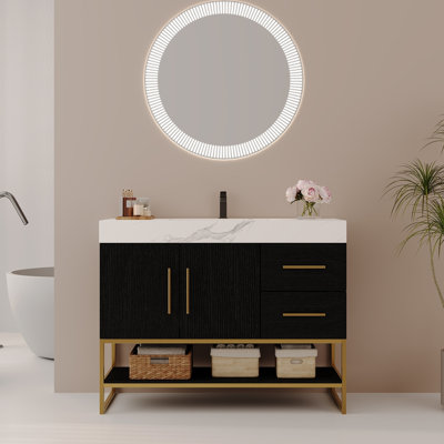 Meuble-lavabo autoportant moderne 36 po avec lavabo en céramique sans couture et plateau en pierre frittée