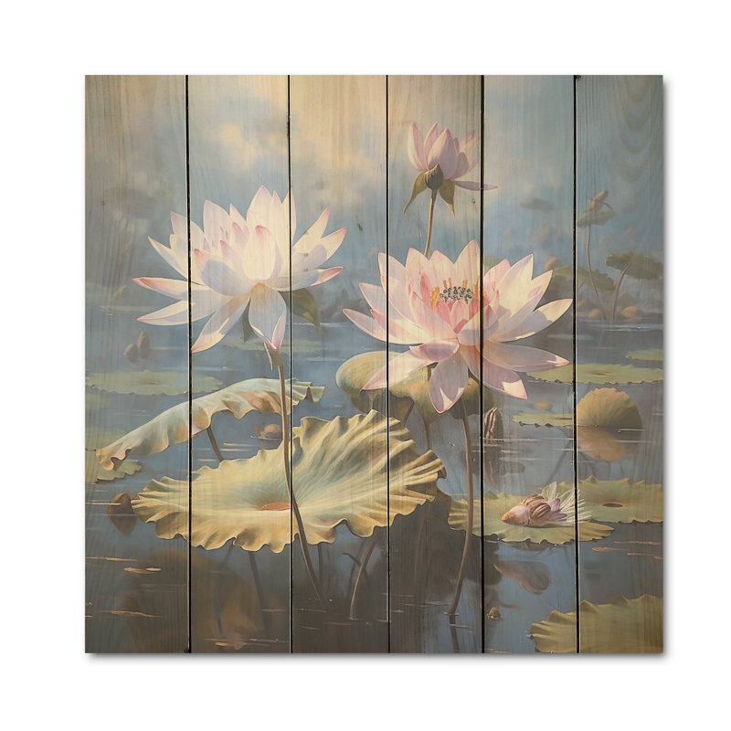 Lotus, éternelle beauté parmi les nénuphars - Art mural en bois de lotus sur bois de pin naturel, H 36 po x l 36 po