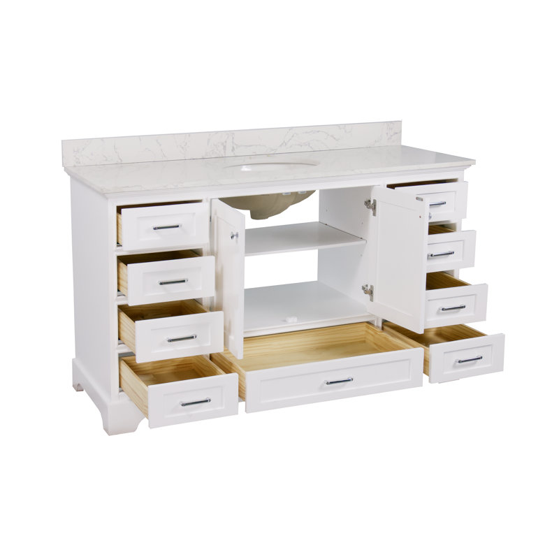 Ensemble de meuble-lavabo simple 60 po Larosa, Blanc, Marbre d'ingénierie