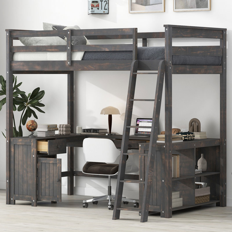 Lit mezzanine avec bureau et tablettes ouvertes, Antique Brown