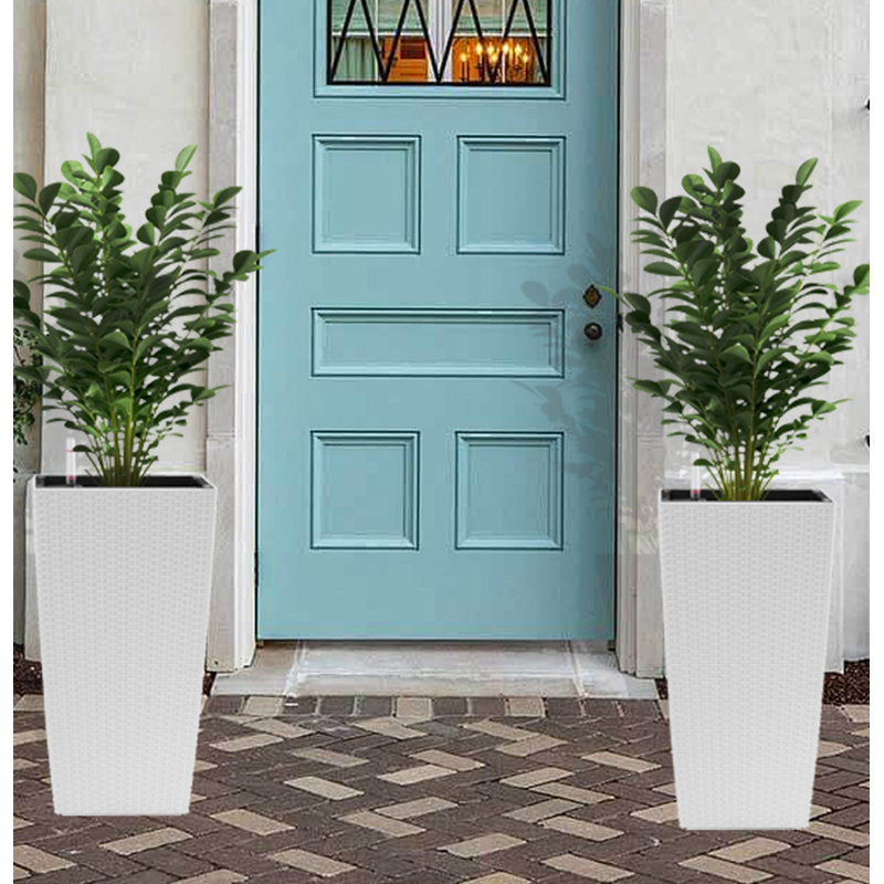 Indoor/Outdoor Modern Faux Rattan Design Square Planter, 22.6 Inch White Plastic Large Planter With Automatic Watering System For Home And Garden (22.6 Inch - 2 Pack)