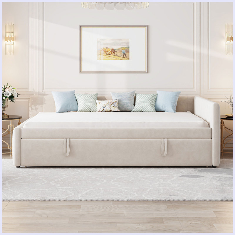 Lit de jour rembourré en L moderne avec lit gigogne Pop Up, Beige