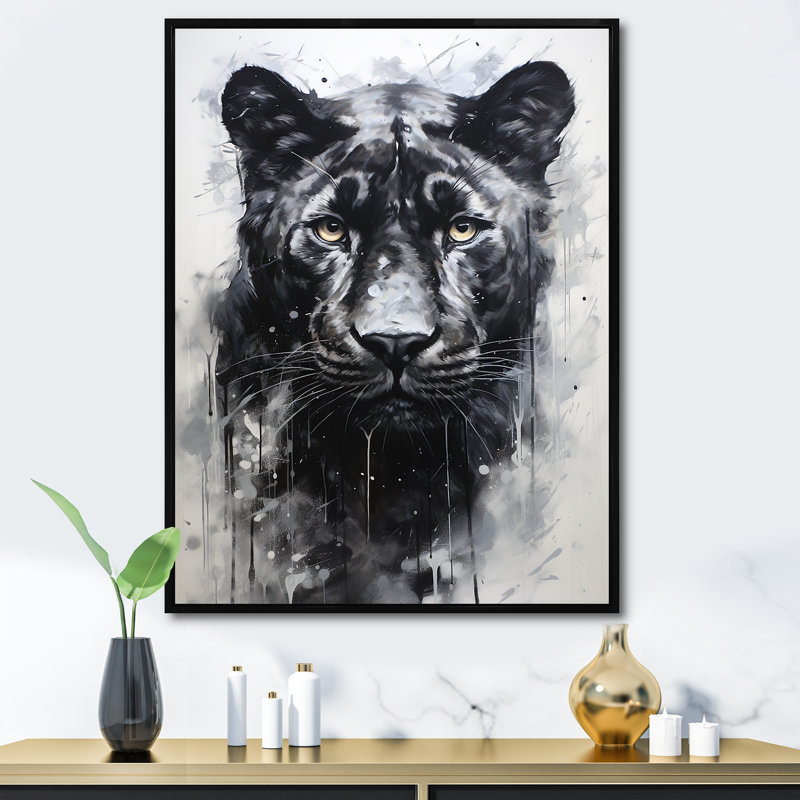Portrait de panthère noir et blanc, Cadre flottant noir, H 20 po x l 12 po x P 1 po