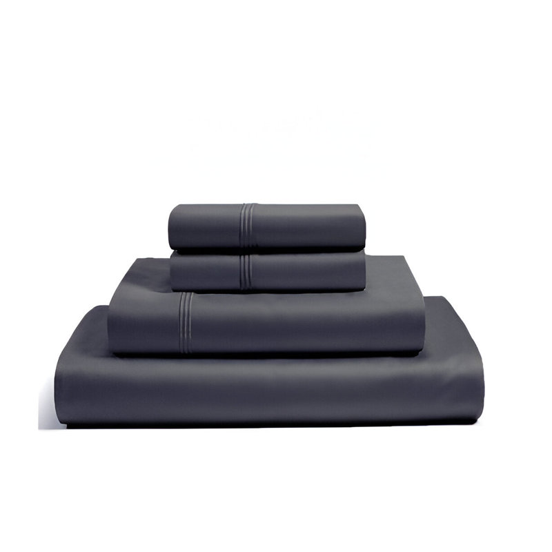 400TC Luxurious Triple Embroidery Sateen Solid Cotton 4 Piece Sheet Set Fitted Sheet Fits Upto 16" Deep Pocket, Black