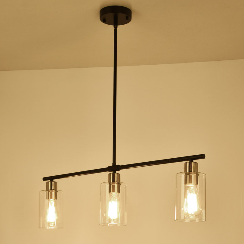 Delmis 3 - Light Kitchen Island Pendant Rustic Linear Chandelier with Clear Glass Shades, Black/Gold
