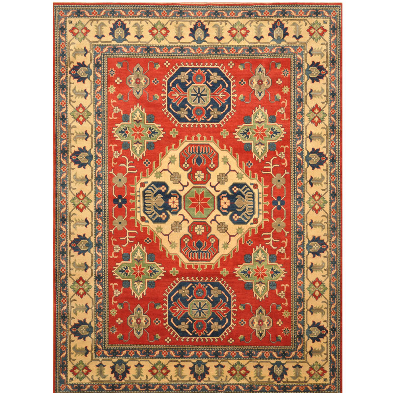 Tapis unique en laine noué à la main de style Kazak rouge / ivoire / vert 8 pi 5 po x 11 pi 5 po Jevon