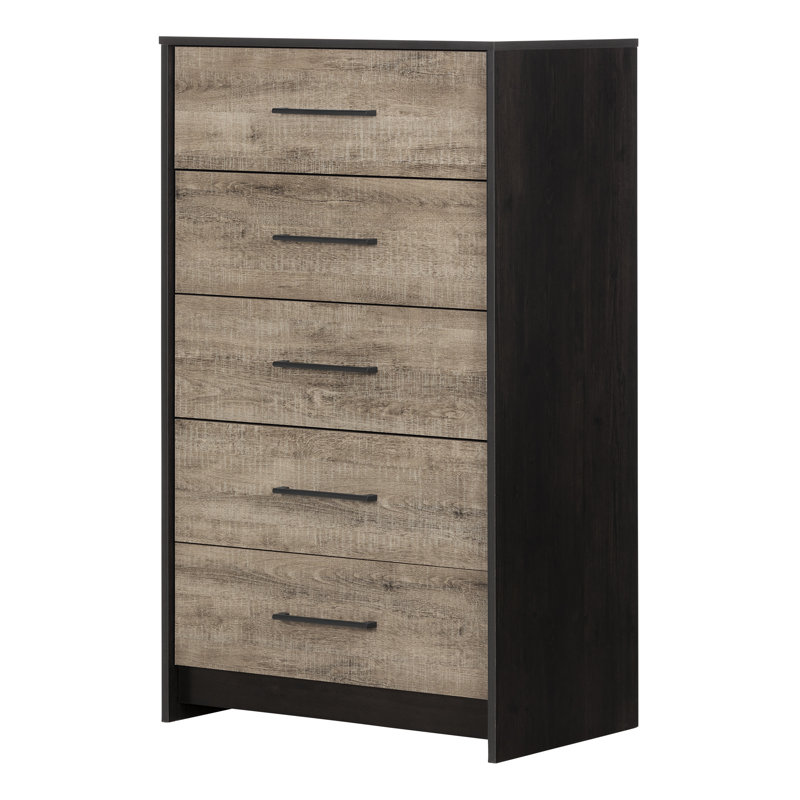 Commode 5 tiroirs Londen, Noir frotté / chêne vieilli