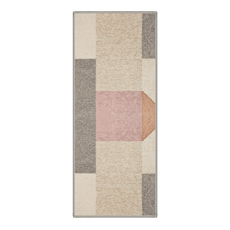 Abdellah Modern Color Block Machine Washable Indoor Area Rug in Beige/Grey/Pink with Non-Slip Backing, Runner 2' x 6'