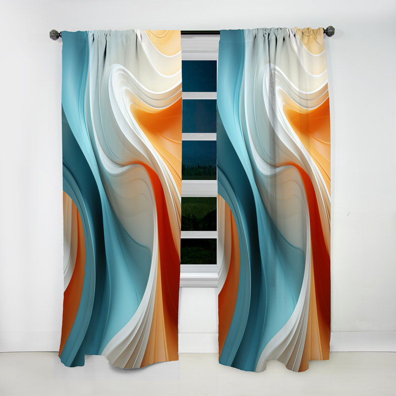 Blue And Orange Fractal Curves In Motion I - Fractal Abstract Room Darkening Curtain - 1 Panels, 52" W x 90" L