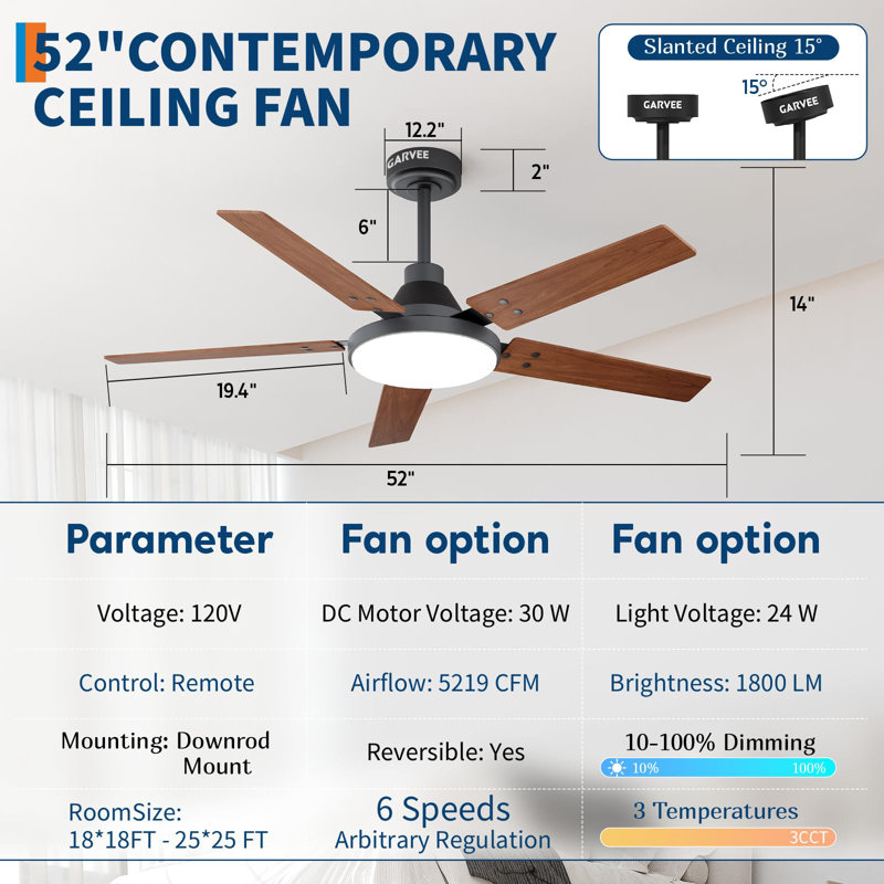 Ventilateur de plafond de 52 po avec lumière, 3 WCC à intensité variable de 3 W à DEL, moteur à courant continu à 6 vitesses, télécommande et minuterie, réversible, silencieux, intérieur extérieur