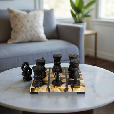 Decorative Classic Tic Tac Toe Tabletop Game – Functional Game Perfect for Family Nights, Coffee Table Accent, or Living Room Decor – 12", Black & Brown