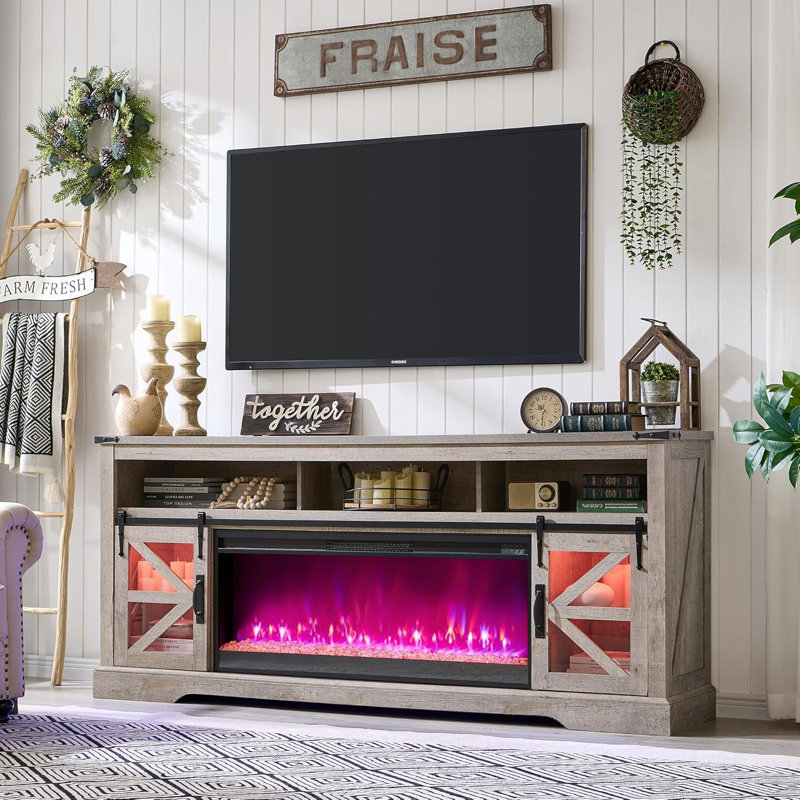 Taye 2-Cabinet TV Stand Fireplace, Light Rustic Oak