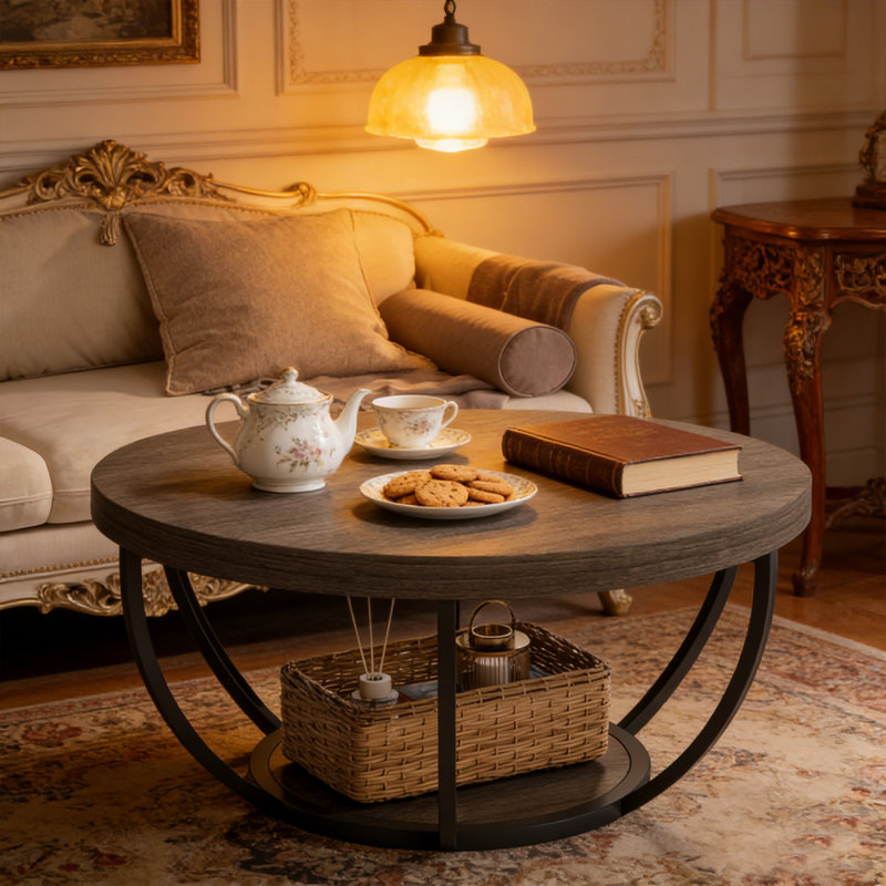 Table basse ronde, table basse circulaire en bois à 2 niveaux de 31,7 po avec tablettes de rangement, table d'appoint moderne pour le salon