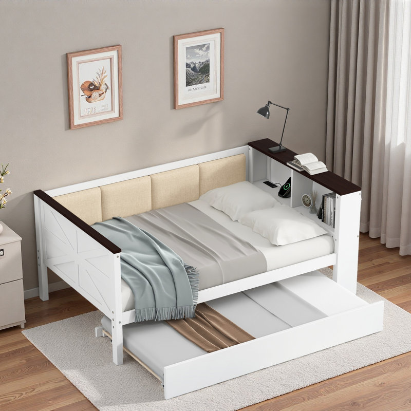 Lit de jour en bois avec tablettes de rangement, dossier rembourré et USB, Lit simple