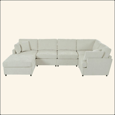 127" U-Shaped Sectional Sofa With Movable Ottoman, 6-Piece Chenille Fabric Sofa Set, Convertible Modular Corner Couch With Sturdy Pine Wood Frame, For Large Living Room And Apartment