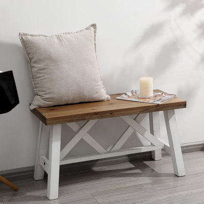 Banc en bois de ferme de 30 po, banc d'entrée en bois massif rustique avec structure en X double pour salle à manger, salon, couloir, stabilité structurelle, blanc