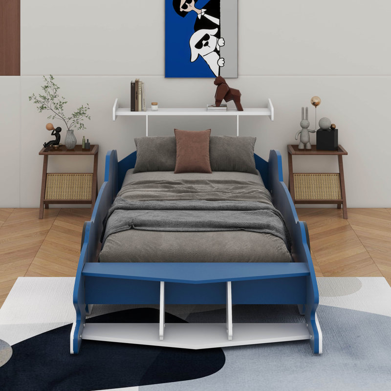 Race Car-Shaped Platform Bed With Wheels, Twin, Blue