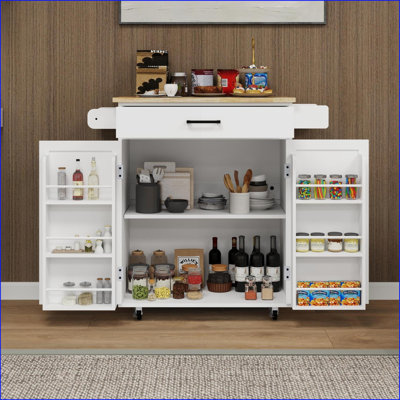 Kitchen Islands Rolling Storage Cart with Drawer, 2 Doors, Adjustable Shelves - Snow White Rubber Wood Top | White | Solid Wood+MDF