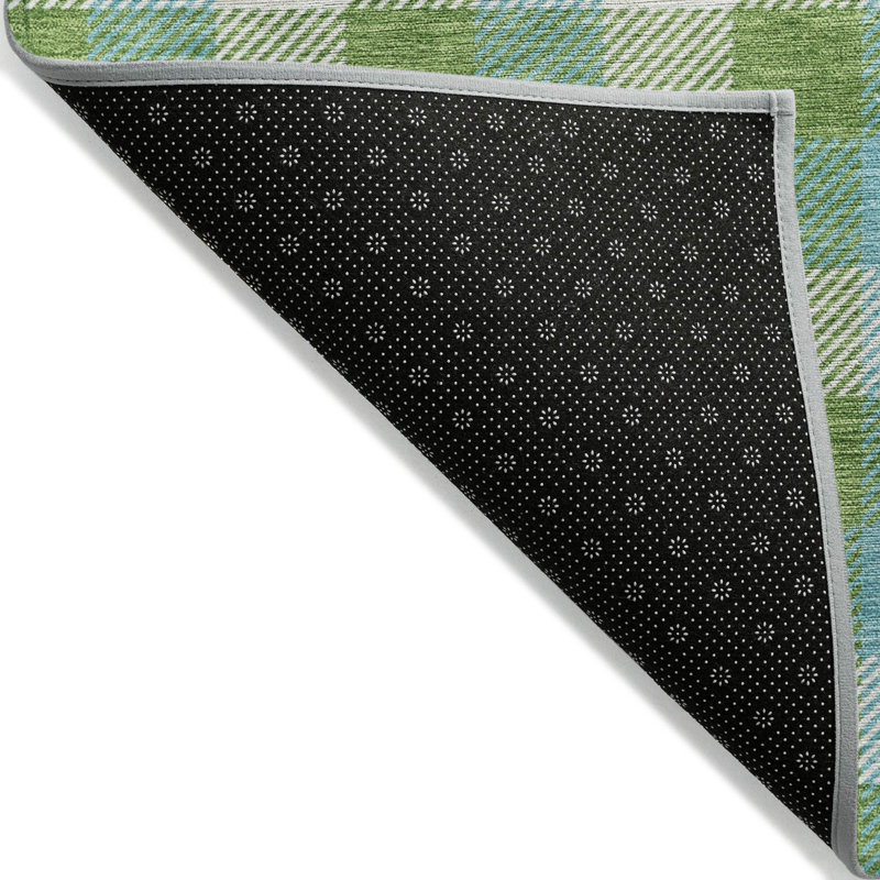 Lime and Blue Plaid Synthetic Washable Area Rug