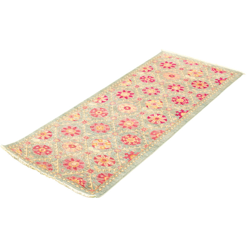 Tapis de couloir bleu clair / rose en laine noué à la main de conception unique 3 pi 2 po x 8 pi 1 po New Age Lahore