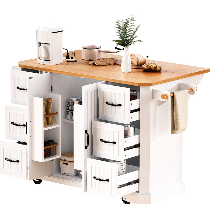 White Rolling Kitchen Island With 2 Doors, 6 Deep Drawers, Drop Leaf - Space Saving Design Storage 4 Door Shelves, Drawers Spacious & Practical