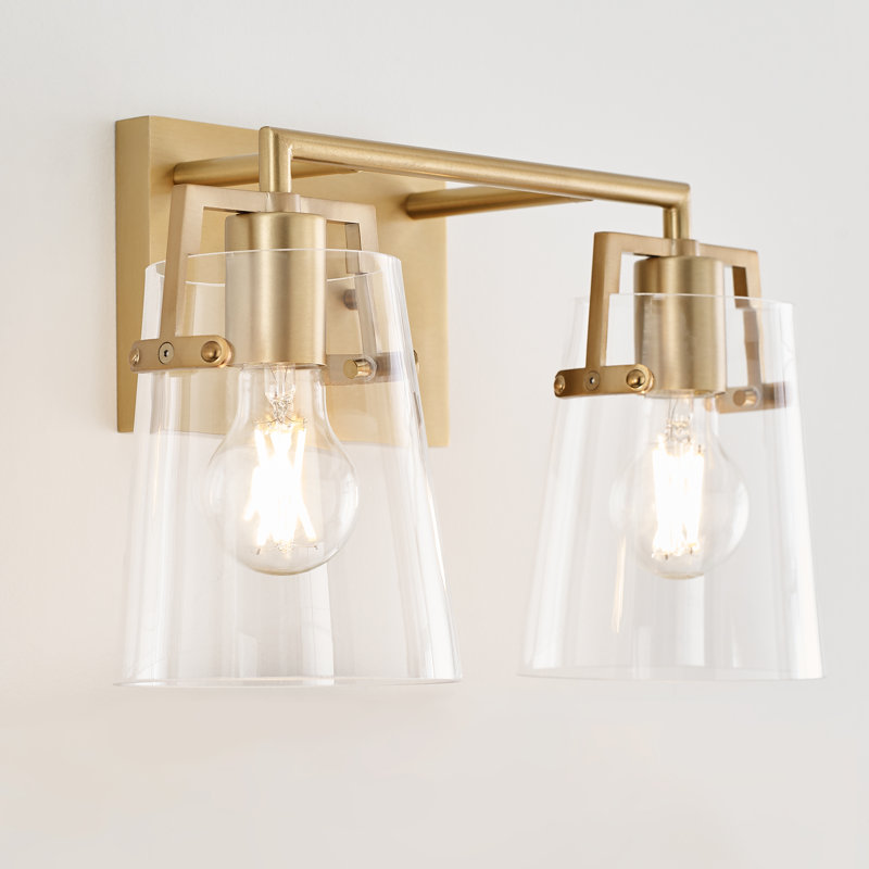 Satin Brass 2-Light Vanity Fixture with Clear Glass Shades