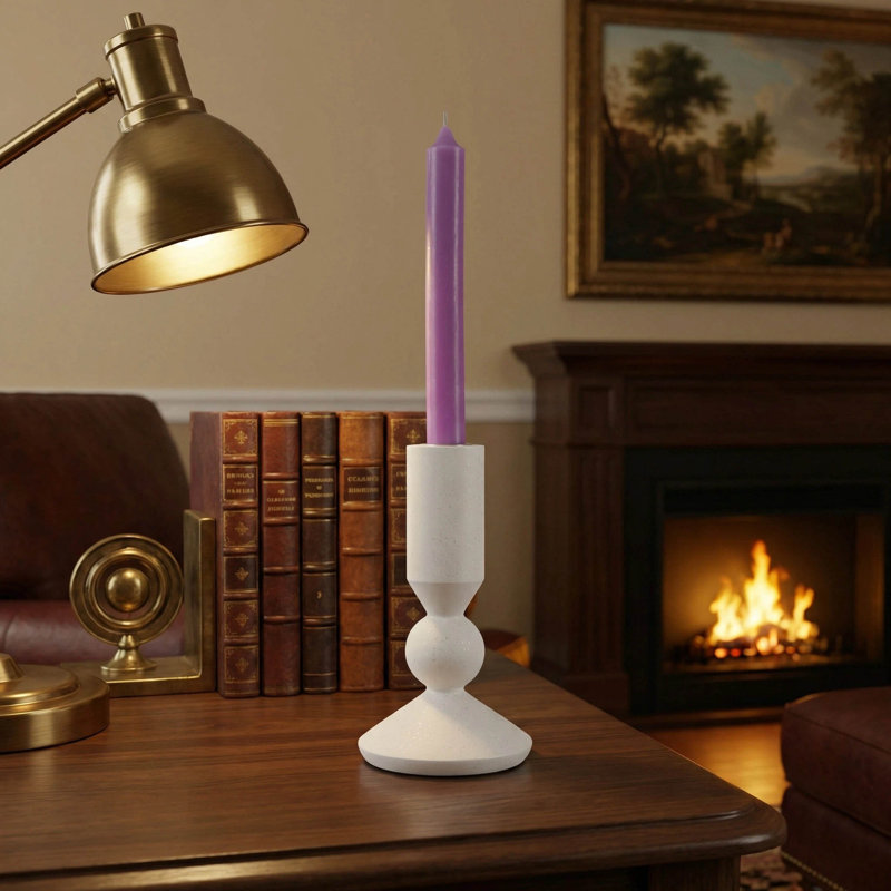 Porte-bougie cylindrique en résine blanc mat avec mouchetures dorées